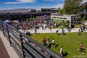 (Trent Nelson  |  The Salt Lake Tribune) People react after Charlie Kirk is shot during an appearance at Utah Valley University in Orem on Wednesday, Sept. 10, 2025.