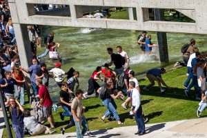 (Trent Nelson  |  The Salt Lake Tribune) People react after Charlie Kirk is shot during an appearance at Utah Valley University in Orem on Wednesday, Sept. 10, 2025.