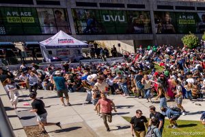 (Trent Nelson  |  The Salt Lake Tribune) People react after Charlie Kirk is shot during an appearance at Utah Valley University in Orem on Wednesday, Sept. 10, 2025.