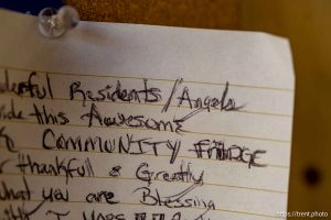 (Trent Nelson  |  The Salt Lake Tribune) A note left at the Rose Park Community Fridge in Salt Lake City on Friday, Dec. 12, 2025.