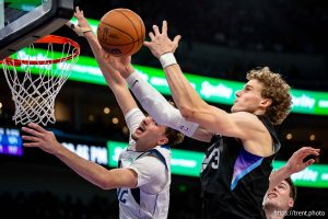 (Trent Nelson  |  The Salt Lake Tribune) Utah Jazz forward Lauri Markkanen (23) pulls in a rebound in front of Dallas Mavericks forward Cooper Flagg (32) in overtime as the Utah Jazz host the Dallas Mavericks, NBA basketball in Salt Lake City on Monday, Dec. 15, 2025.