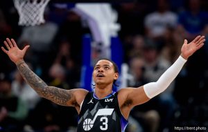 (Trent Nelson  |  The Salt Lake Tribune) Utah Jazz guard Keyonte George (3) as the Utah Jazz host the Dallas Mavericks, NBA basketball in Salt Lake City on Monday, Dec. 15, 2025.