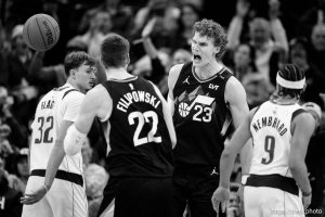 (Trent Nelson  |  The Salt Lake Tribune) Utah Jazz forward Lauri Markkanen (23) celebrates after a dunk in overtime as the Utah Jazz host the Dallas Mavericks, NBA basketball in Salt Lake City on Monday, Dec. 15, 2025.