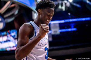 (Trent Nelson  |  The Salt Lake Tribune) BYU Cougars forward AJ Dybantsa (3) as BYU hosts Pacific, NCAA basketball in Provo on Tuesday, Dec. 16, 2025.