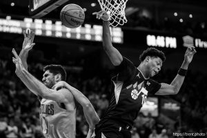 (Trent Nelson  |  The Salt Lake Tribune) Utah Jazz forward Kevin Love (42) defending Memphis Grizzlies forward Santi Aldama (7) as the Utah Jazz host the Memphis Grizzlies, NBA basketball in Salt Lake City on Tuesday, Dec. 23, 2025.