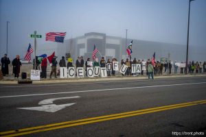 (Trent Nelson  |  The Salt Lake Tribune) A protest at a warehouse rumored to be under consideration for a future ICE facility in Salt Lake City on Friday, Jan. 16, 2026.