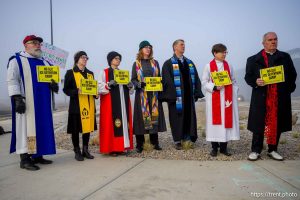 (Trent Nelson  |  The Salt Lake Tribune) Faith leaders at a protest at a warehouse rumored to be under consideration for a future ICE facility in Salt Lake City on Friday, Jan. 16, 2026.