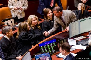(Trent Nelson  |  The Salt Lake Tribune) House Speaker Mike Schultz, R-Hooper, with Utah Supreme Court Justices John Nielsen, Jill Pohlman, Diana Hagen, Paige Petersen and Chief Justice Matthew Durrant before the State of the Judiciary address in the House Chamber at the Utah Capitol in Salt Lake City on Tuesday, Jan. 20, 2026.