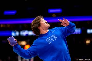 (Trent Nelson  |  The Salt Lake Tribune) 
BYU quarterback BEAR BACHMEIER as the Utah Jazz host the Golden State Warriors, NBA basketball in Salt Lake City on Wednesday, Jan. 28, 2026.