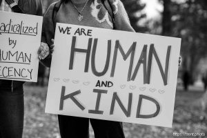 (Trent Nelson  |  The Salt Lake Tribune) An anti-ICE protest at City Hall in Salt Lake City on Friday, Jan. 30, 2026.