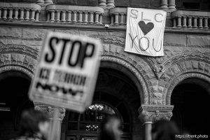(Trent Nelson  |  The Salt Lake Tribune) An anti-ICE protest at City Hall in Salt Lake City on Friday, Jan. 30, 2026.