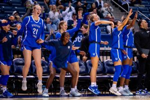 (Trent Nelson  |  The Salt Lake Tribune) BYU players celebrate taking their first lead in the second half as BYU hosts Utah, NCAA basketball in Provo on Saturday, Jan. 31, 2026.