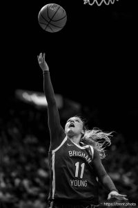 (Trent Nelson  |  The Salt Lake Tribune) BYU guard Delaney Gibb (11) as BYU hosts Utah, NCAA basketball in Provo on Saturday, Jan. 31, 2026.