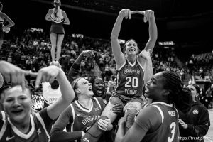 (Trent Nelson  |  The Salt Lake Tribune) BYU players celebrate the win over Utah, NCAA basketball in Provo on Saturday, Jan. 31, 2026.