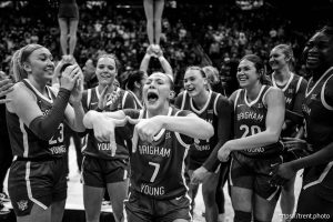 (Trent Nelson  |  The Salt Lake Tribune) BYU players celebrate the win over Utah, NCAA basketball in Provo on Saturday, Jan. 31, 2026.
