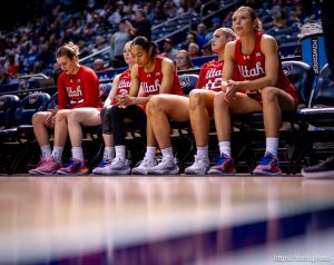 (Trent Nelson  |  The Salt Lake Tribune) Utah players before the game as BYU hosts Utah, NCAA basketball in Provo on Saturday, Jan. 31, 2026.