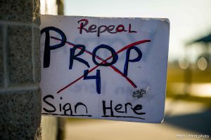 (Trent Nelson  |  The Salt Lake Tribune) A sign at the site of signature gathering to repeal Prop 4 at Linda Vista Park in Syracuse on Thursday, Feb. 5, 2026.