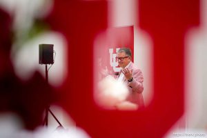 (Trent Nelson  |  The Salt Lake Tribune) University of Utah President Taylor Randall speaks at a celebration of the installation of Robert Indiana’s LOVE sculpture at the Utah Museum of Fine Arts in Salt Lake City on Saturday, Feb. 7, 2026.