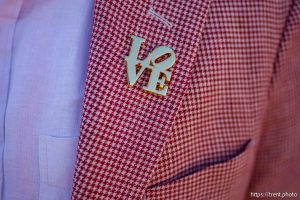 (Trent Nelson  |  The Salt Lake Tribune) University of Utah President Taylor Randall wears a pin to celebrate the installation of Robert Indiana’s LOVE sculpture at the Utah Museum of Fine Arts in Salt Lake City on Saturday, Feb. 7, 2026.