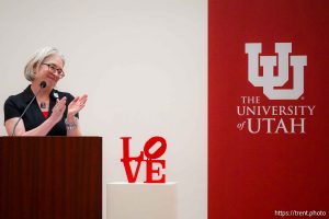 (Trent Nelson  |  The Salt Lake Tribune) Gretchen Dietrich applauds donors at a celebration of the installation of Robert IndianaÕs LOVE sculpture at the Utah Museum of Fine Arts in Salt Lake City on Saturday, Feb. 7, 2026.
