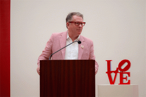 (Trent Nelson  |  The Salt Lake Tribune) University of Utah President Taylor Randall speaks at a celebration of the installation of Robert Indiana’s LOVE sculpture at the Utah Museum of Fine Arts in Salt Lake City on Saturday, Feb. 7, 2026.