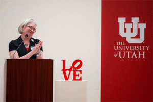 (Trent Nelson  |  The Salt Lake Tribune) Gretchen Dietrich applauds donors at a celebration of the installation of Robert Indiana’s LOVE sculpture at the Utah Museum of Fine Arts in Salt Lake City on Saturday, Feb. 7, 2026.