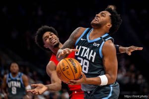(Trent Nelson  |  The Salt Lake Tribune) Utah Jazz forward Brice Sensabaugh (28) as the Utah Jazz host the Portland Trail Blazers, NBA basketball in Salt Lake City on Thursday, Feb. 12, 2026.