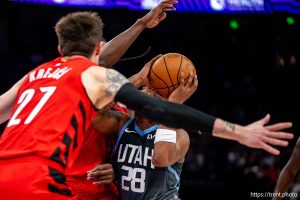 (Trent Nelson  |  The Salt Lake Tribune) Utah Jazz forward Brice Sensabaugh (28) as the Utah Jazz host the Portland Trail Blazers, NBA basketball in Salt Lake City on Thursday, Feb. 12, 2026.