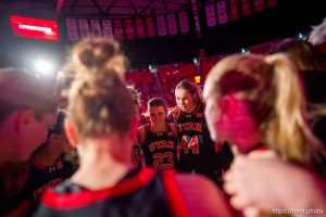 (Trent Nelson  |  The Salt Lake Tribune) Utah players huddle before facing Arizona, NCAA basketball in Salt Lake City on Saturday, Feb. 28, 2026.