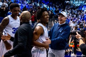 (Trent Nelson  |  The Salt Lake Tribune) BYU Cougars guard Robert Wright III (1) and Danny Ainge, celebrating the win, as BYU hosts Texas Tech, NCAA basketball in Provo on Saturday, March 7, 2026.