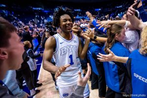 (Trent Nelson  |  The Salt Lake Tribune) BYU Cougars guard Robert Wright III (1) celebrates the win as BYU hosts Texas Tech, NCAA basketball in Provo on Saturday, March 7, 2026.