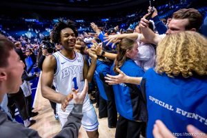 (Trent Nelson  |  The Salt Lake Tribune) BYU Cougars guard Robert Wright III (1) celebrates the win as BYU hosts Texas Tech, NCAA basketball in Provo on Saturday, March 7, 2026.