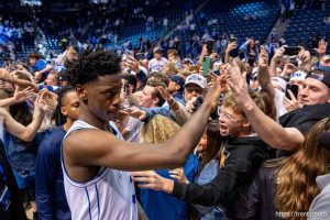 (Trent Nelson  |  The Salt LakeTribune) BYU Cougars forward AJ Dybantsa (3) celebrates the win as BYU hosts Texas Tech, NCAA basketball in Provo on Saturday, March 7, 2026.