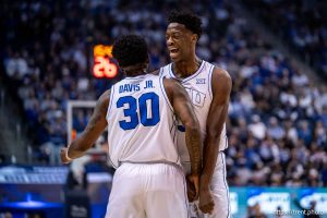 (Trent Nelson  |  The Salt Lake Tribune) BYU Cougars forward Kennard Davis Jr. (30) and BYU Cougars forward AJ Dybantsa (3) as BYU hosts Texas Tech, NCAA basketball in Provo on Saturday, March 7, 2026.