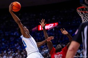 (Trent Nelson  |  The Salt Lake Tribune) BYU Cougars forward AJ Dybantsa (3) as BYU hosts Texas Tech, NCAA basketball in Provo on Saturday, March 7, 2026.