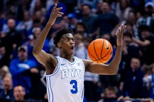 (Trent Nelson  |  The Salt Lake Tribune) BYU Cougars forward AJ Dybantsa (3) reacts to a call as BYU hosts Texas Tech, NCAA basketball in Provo on Saturday, March 7, 2026.