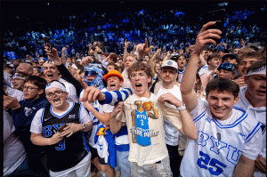 (Trent Nelson  |  The Salt Lake Tribune) BYU fans on the court after the win as BYU hosts Texas Tech, NCAA basketball in Provo on Saturday, March 7, 2026.