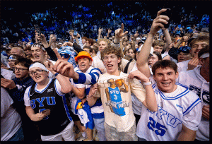 (Trent Nelson  |  The Salt Lake Tribune) BYU fans on the court after the win as BYU hosts Texas Tech, NCAA basketball in Provo on Saturday, March 7, 2026.
