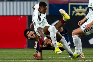 (Trent Nelson  |  The Salt Lake Tribune) Real Salt Lake forward Aiden Hezarkhani (39) and ;a50; as Real Salt Lake hosts Austin FC, MLS soccer in Sandy on Saturday, March 14, 2026.