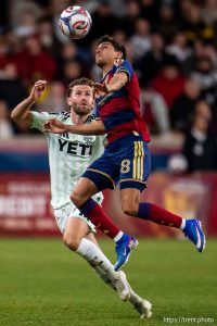 (Trent Nelson  |  The Salt Lake Tribune) Real Salt Lake midfielder Juan Manuel Sanabria (8) and Austin FC forward Jon Gallagher (17) as Real Salt Lake hosts Austin FC, MLS soccer in Sandy on Saturday, March 14, 2026.