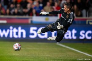 (Trent Nelson  |  The Salt Lake Tribune) Real Salt Lake goalkeeper Rafael Cabral (1) blocks a shot as Real Salt Lake hosts Austin FC, MLS soccer in Sandy on Saturday, March 14, 2026.