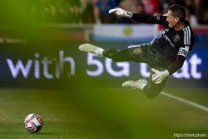 (Trent Nelson  |  The Salt Lake Tribune) Real Salt Lake goalkeeper Rafael Cabral (1) blocks a shot as Real Salt Lake hosts Austin FC, MLS soccer in Sandy on Saturday, March 14, 2026.