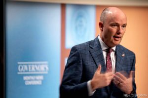 (Trent Nelson  |  The Salt Lake Tribune) Gov. Spencer Cox speaks at his monthly news conference in Salt Lake City on Thursday, March 19, 2026.
