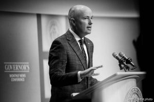(Trent Nelson  |  The Salt Lake Tribune) Gov. Spencer Cox speaks at his monthly news conference in Salt Lake City on Thursday, March 19, 2026.