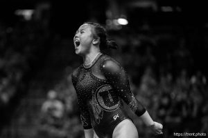 (Trent Nelson  |  The Salt Lake Tribune) Zoe Johnson celebrates a 9.9 on the floor at the Big 12 Gymnastics Championship at the Maverik Center in West Valley City on Saturday, March 21, 2026.
