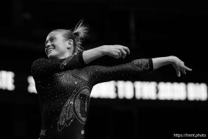 (Trent Nelson  |  The Salt Lake Tribune) Avery Neff on the floor at the Big 12 Gymnastics Championship at the Maverik Center in West Valley City on Saturday, March 21, 2026.