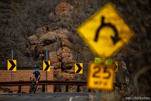 (Trent Nelson  |  The Salt Lake Tribune) A cyclist speeds down Salt Lake City's Emigration Canyon on Saturday, March 21, 2026.