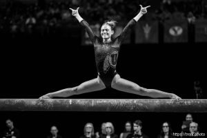 (Trent Nelson  |  The Salt Lake Tribune) Avery Neff on beam at the Big 12 Gymnastics Championship at the Maverik Center in West Valley City on Saturday, March 21, 2026.