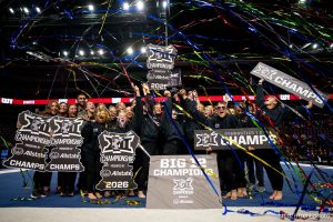 (Trent Nelson  |  The Salt Lake Tribune) Utah celebrates their first place win at the Big 12 Gymnastics Championship at the Maverik Center in West Valley City on Saturday, March 21, 2026.