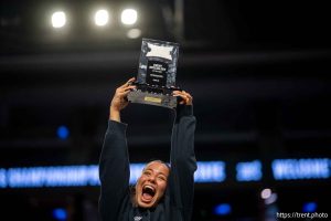 (Trent Nelson  |  The Salt Lake Tribune) Ana Padurariu is named Specialist of the Year at the Big 12 Gymnastics Championship at the Maverik Center in West Valley City on Saturday, March 21, 2026.